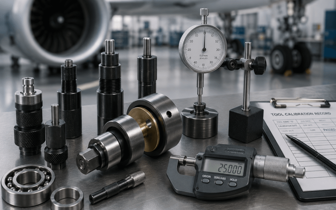 Industrial precision tooling on a workbench: bearings, shafts, caliper, dial gauge, and a calibration records form in an aviation workshop setting