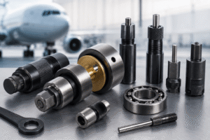 Metal machining parts and tools arranged on a worktable with an airplane in the blurred background, suggesting aerospace maintenance.