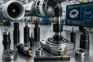 Industrial workshop scene with precision bearings, shafts, and tooling laid out on a metal workbench, with a control monitor in the background.